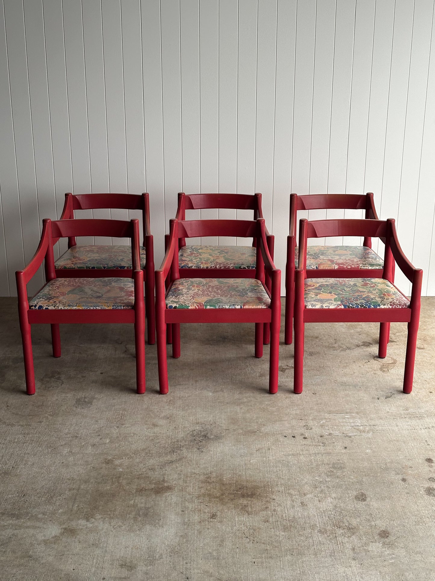 Set of Six Vintage Red Lacquered Dining Armchairs, Attributed to Vico Magistretti