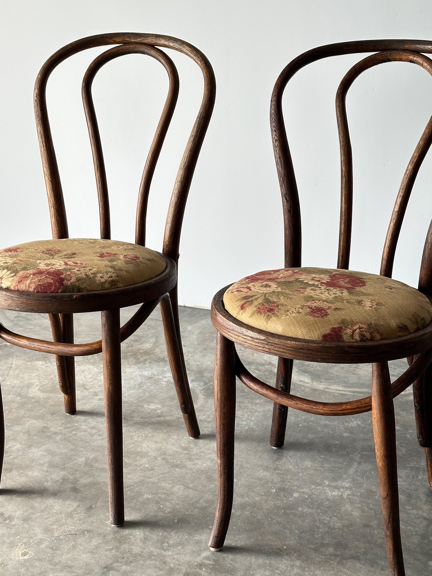 Bentwood Oak Café Chairs W/ Rose Floral Seats, 1933 World's Fair, Set of 7