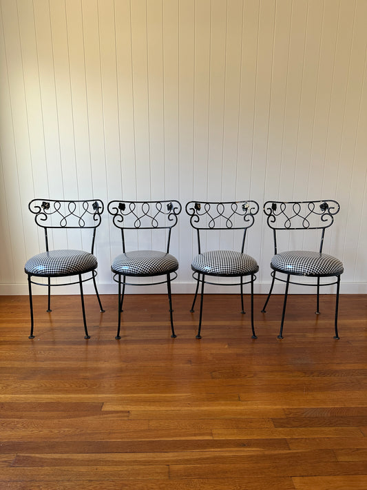Vintage Wrought Iron Dining Chairs With Gingham Seats, Set of Four