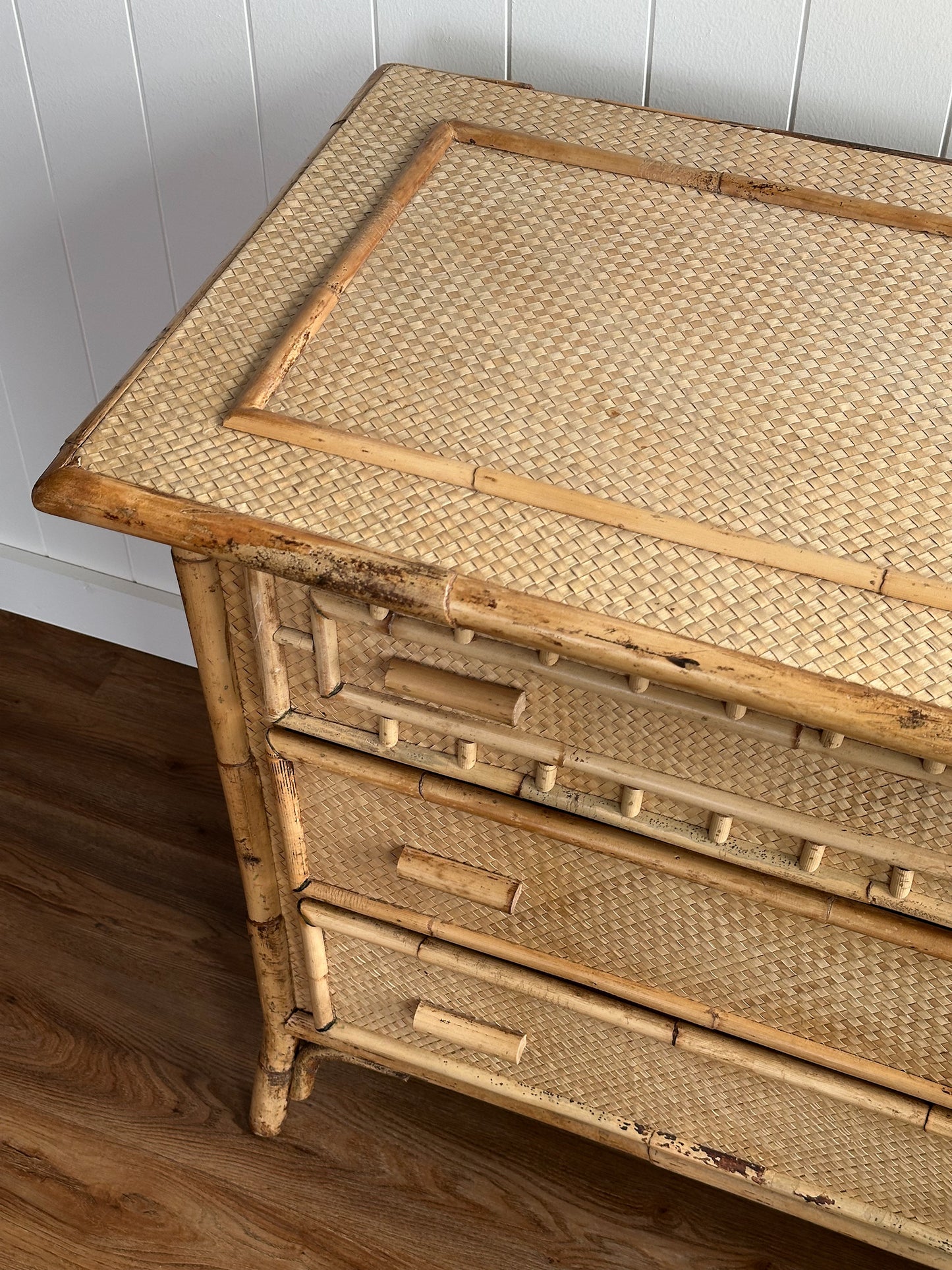 Vintage Coastal Woven Rattan Six-Drawer Dresser