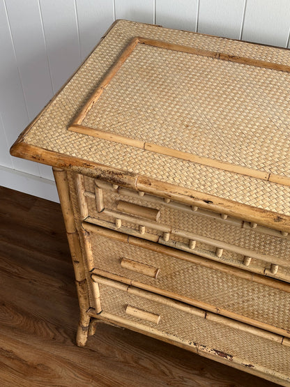 Vintage Woven Rattan Six-Drawer Dresser