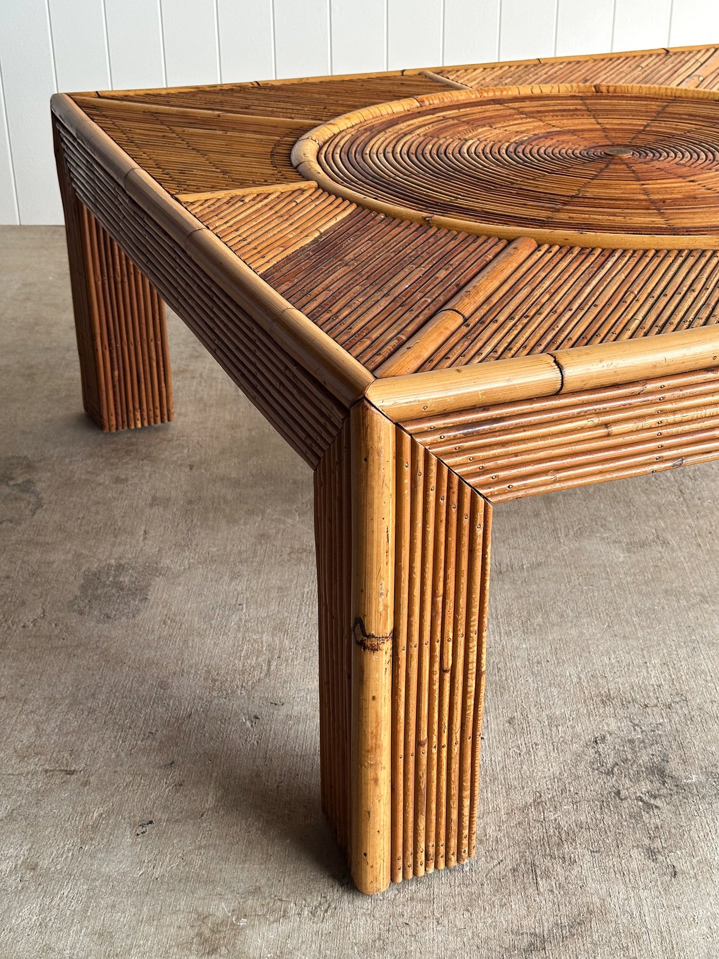 Vintage Monumental Rattan Sunburst Coffee Table, C. 1970s