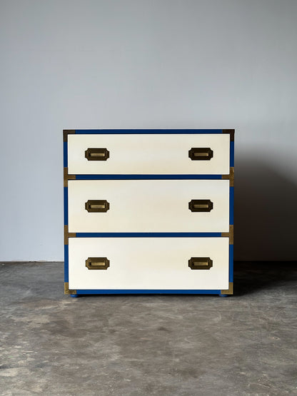 Blue & White Lacquered Campaign Chest of Drawers with Brass Hardware, 1970s