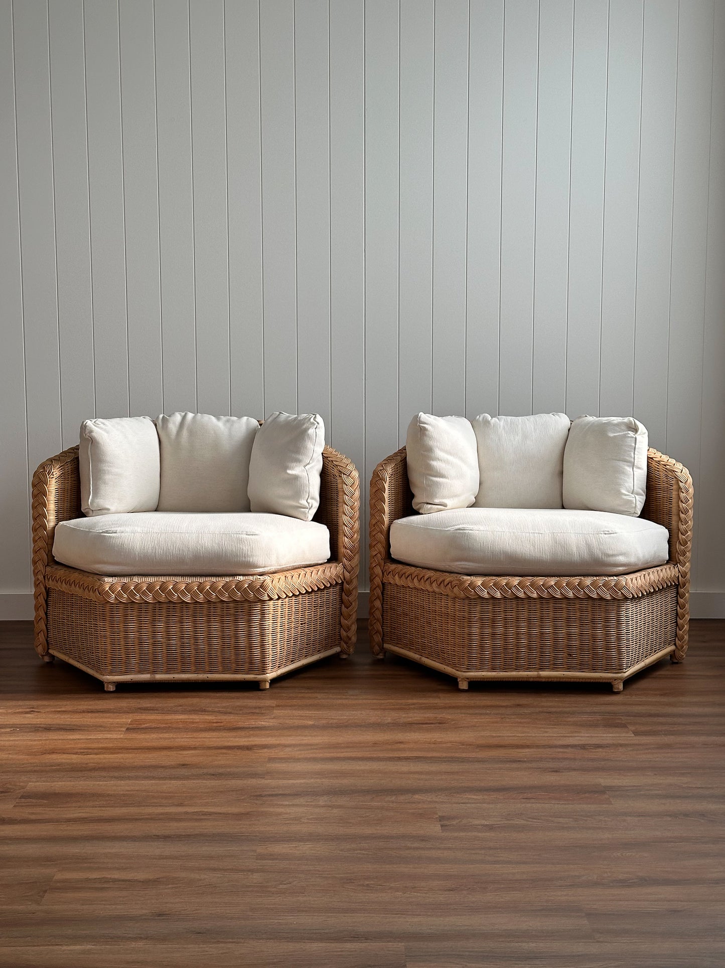 Vintage Brown Jordan Braided Wicker Lounge Chairs, Pair