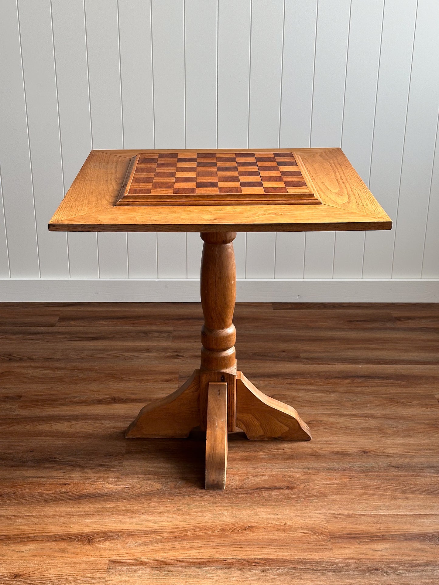Vintage Handcrafted Oak Pedestal Game Table with Inlaid Chessboard