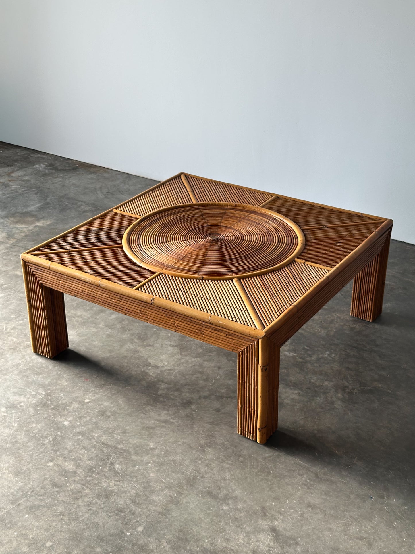 Sunburst Rattan Coffee Table, Attributed to Vivai Del Sud, Italy, 1970s