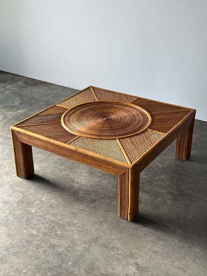 Sunburst Rattan Square Coffee Table, Vivai Del Sud, Italy, 1970s