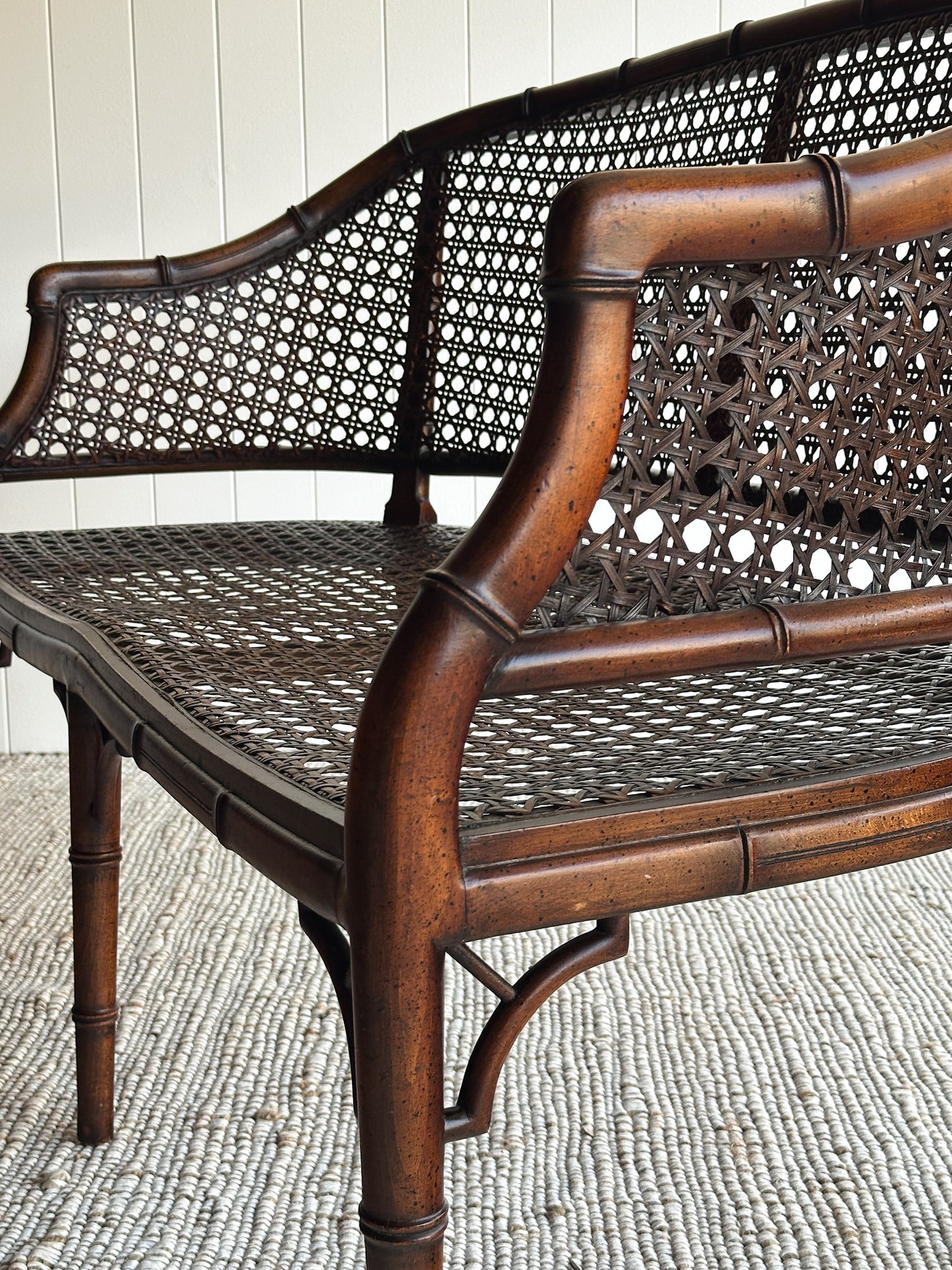 Vintage Faux Bamboo Caned Settee Bench, c. 1970s