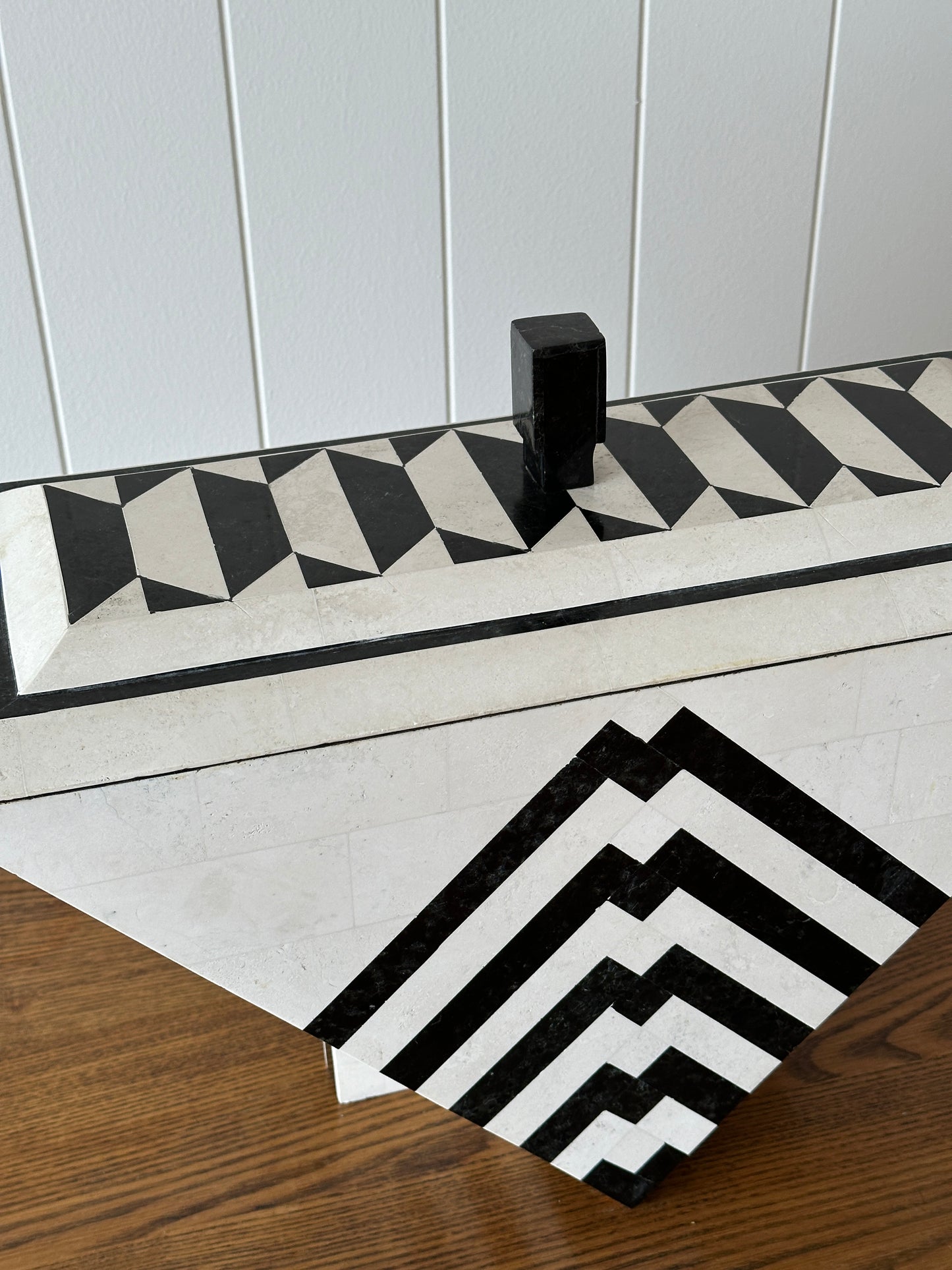 Vintage Maitland-Smith Tessellated Mactan Stone Box With Marble and Brass Inlay