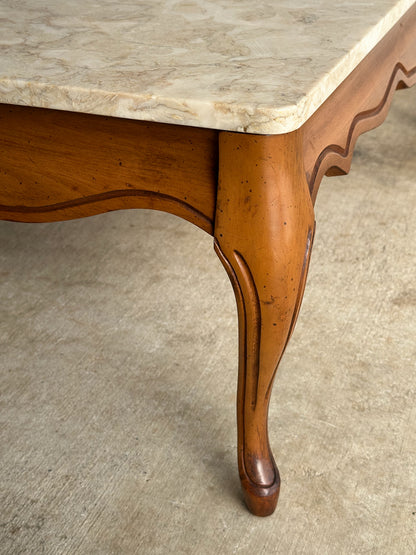 Vintage French Provincial Carved Maple Coffee Table with Marble Top
