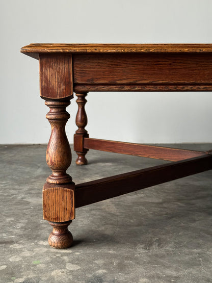 Hand-Laid Stone Mosaic Coffee Table on Vintage Oak Trestle Base