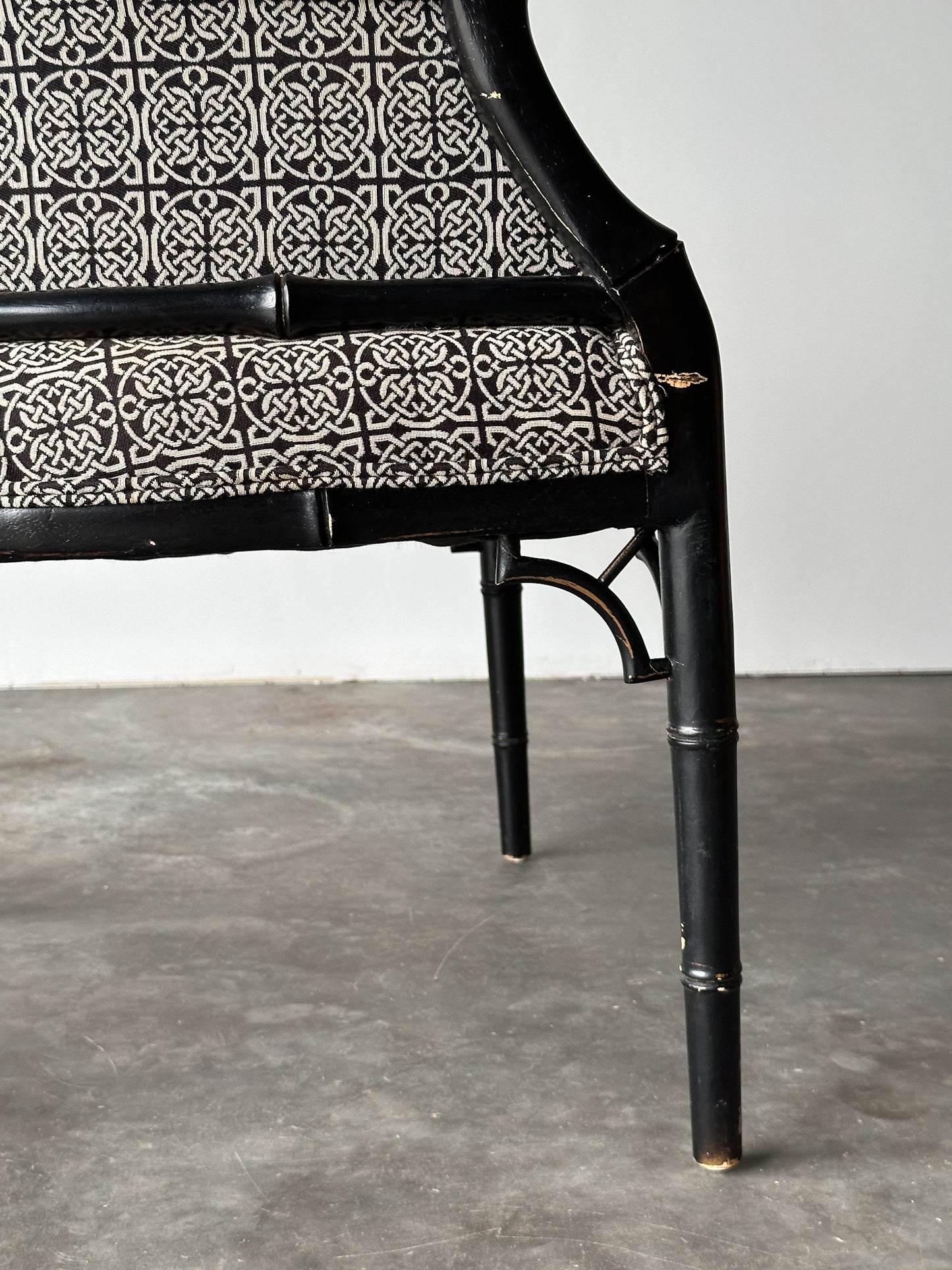 Vintage Black Lacquered Faux Bamboo Barrel-Back Armchair