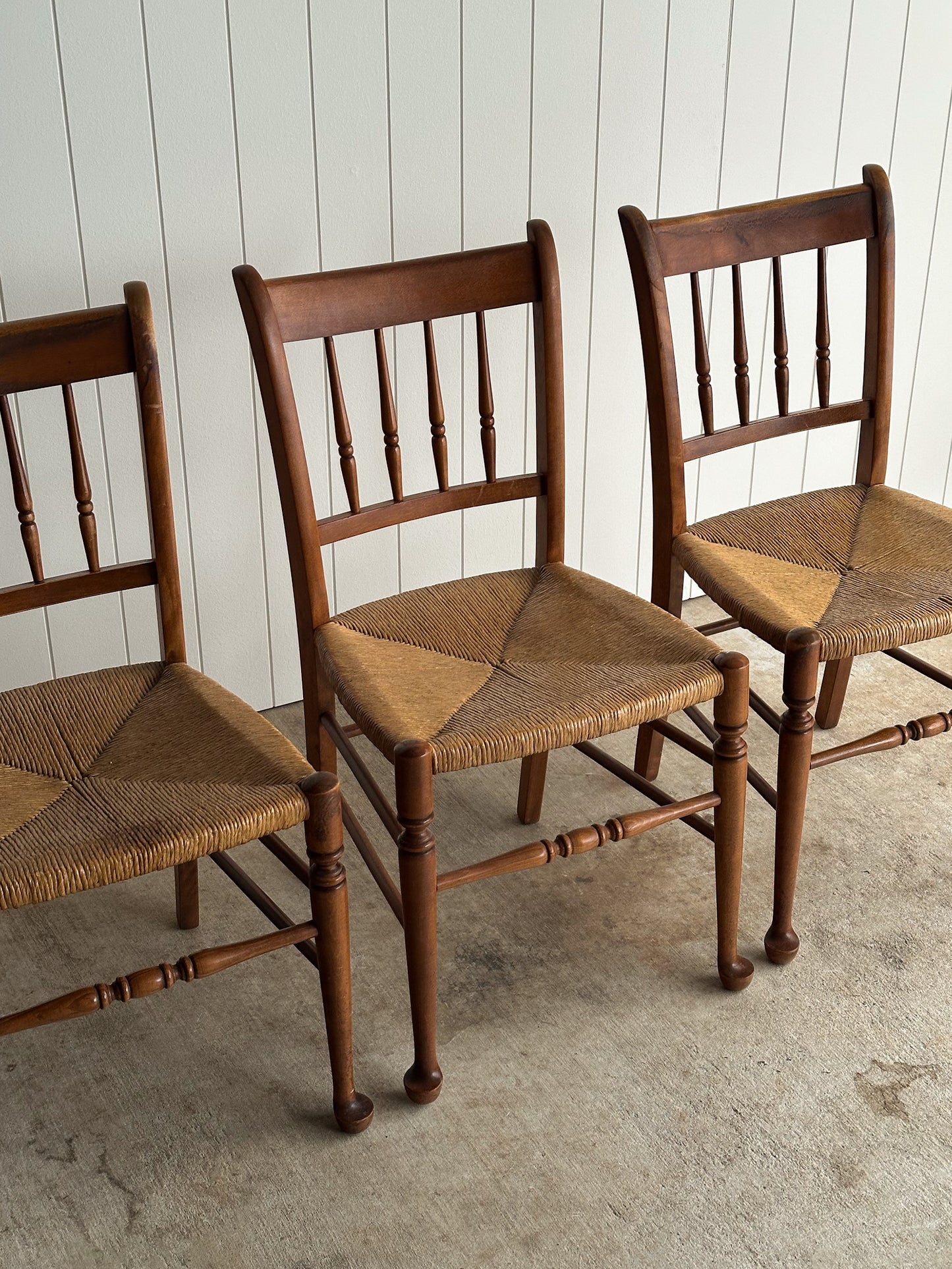 Vintage Maple Dining Chairs With Hand-Woven Rush Seats, Set of Six