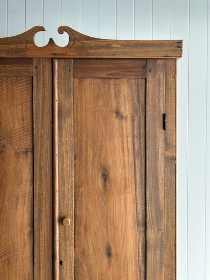 Antique Pine Cupboard Cabinet With Carved Crest