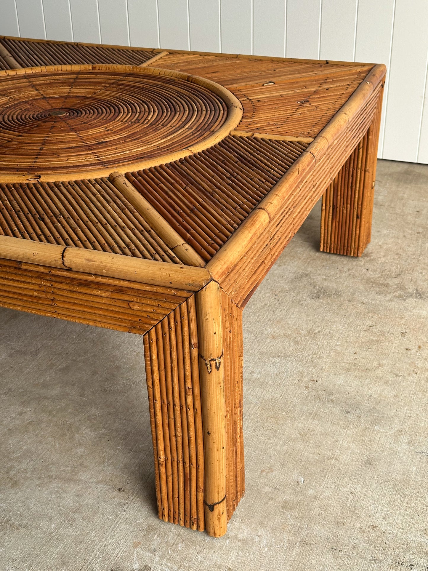 Vintage Monumental Rattan Sunburst Coffee Table, C. 1970s