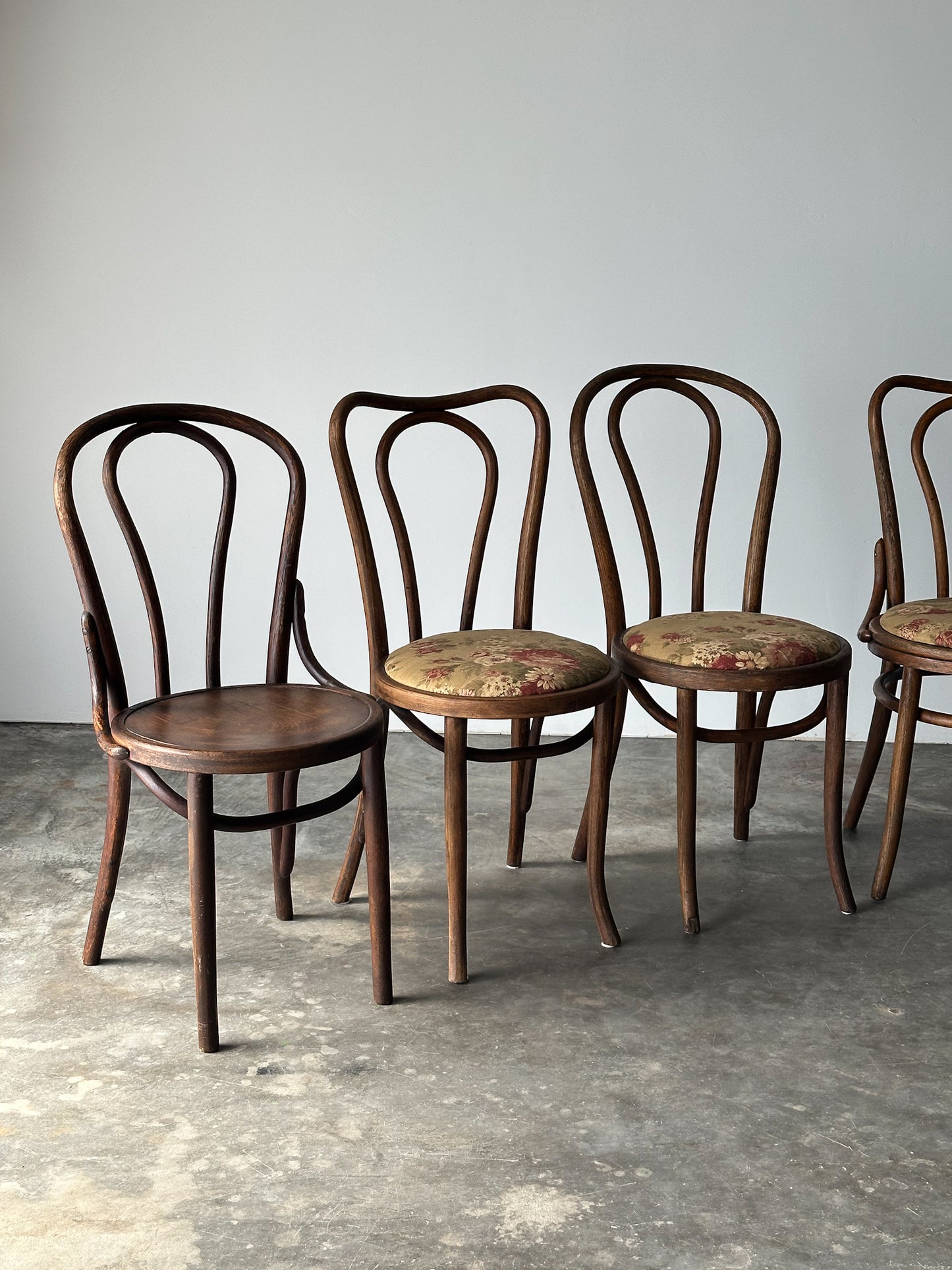 Bentwood Oak Café Chairs W/ Rose Floral Seats, 1933 World's Fair, Set of 7