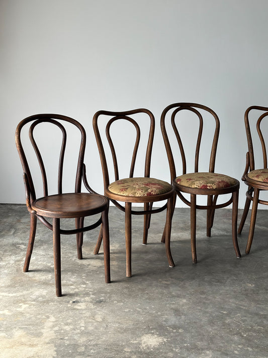 Bentwood Oak Café Chairs W/ Rose Floral Seats, 1933 World's Fair, Set of 7