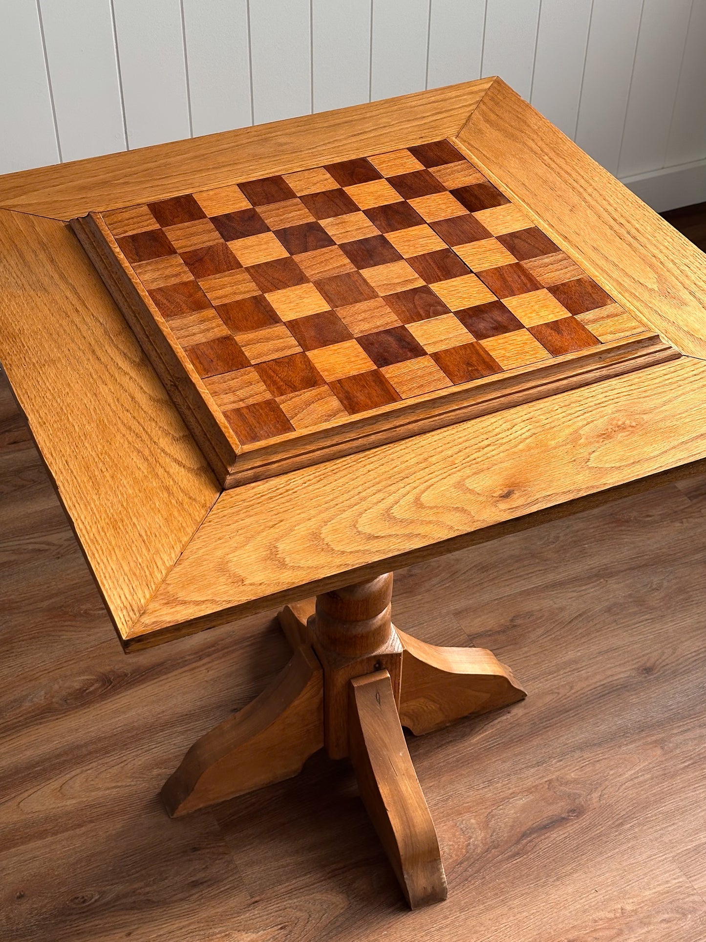Vintage Handcrafted Oak Pedestal Game Table with Inlaid Chessboard
