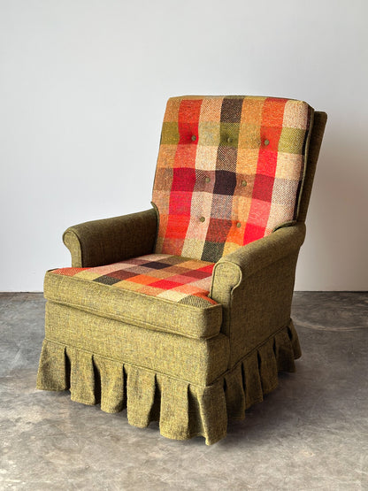 Olive Tweed Swivel Rocker with Patchwork Plaid Upholstery, 1970s