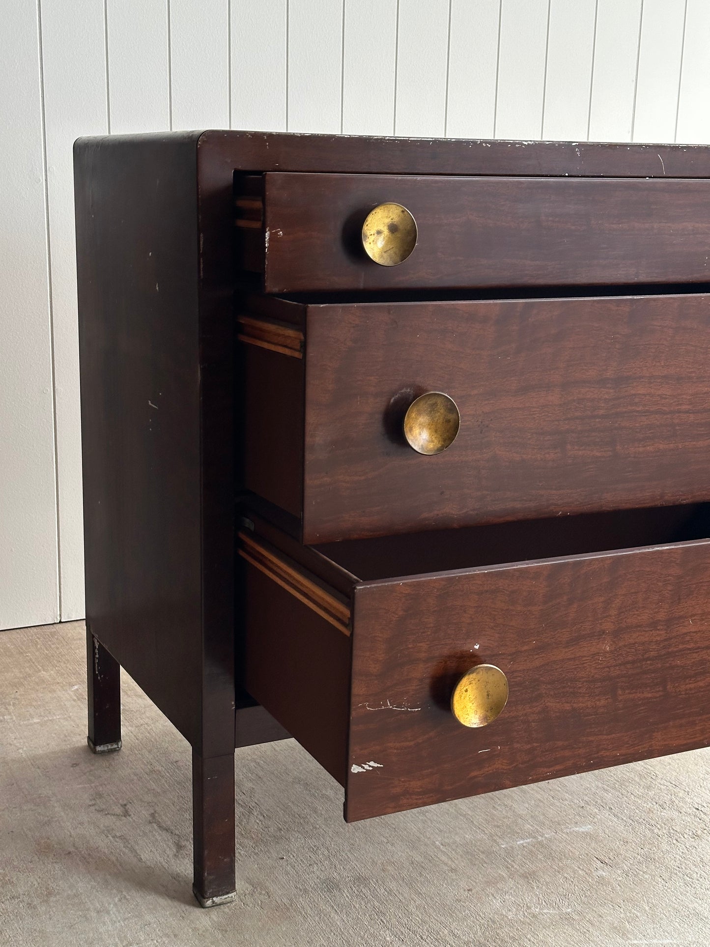Vintage Norman Bel Geddes Steel Chest of Drawers With Mirror & Brass Pulls, C. 1930s