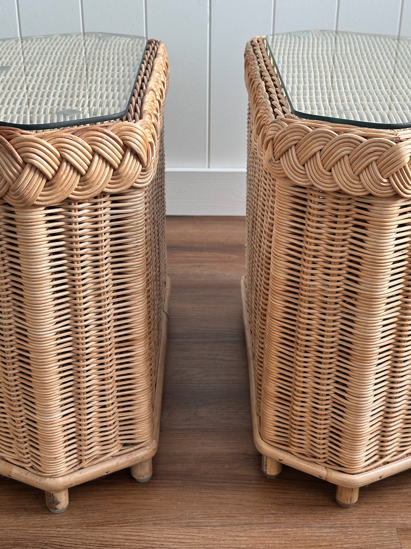 Vintage Brown Jordan Braided Wicker Side Tables, Pair