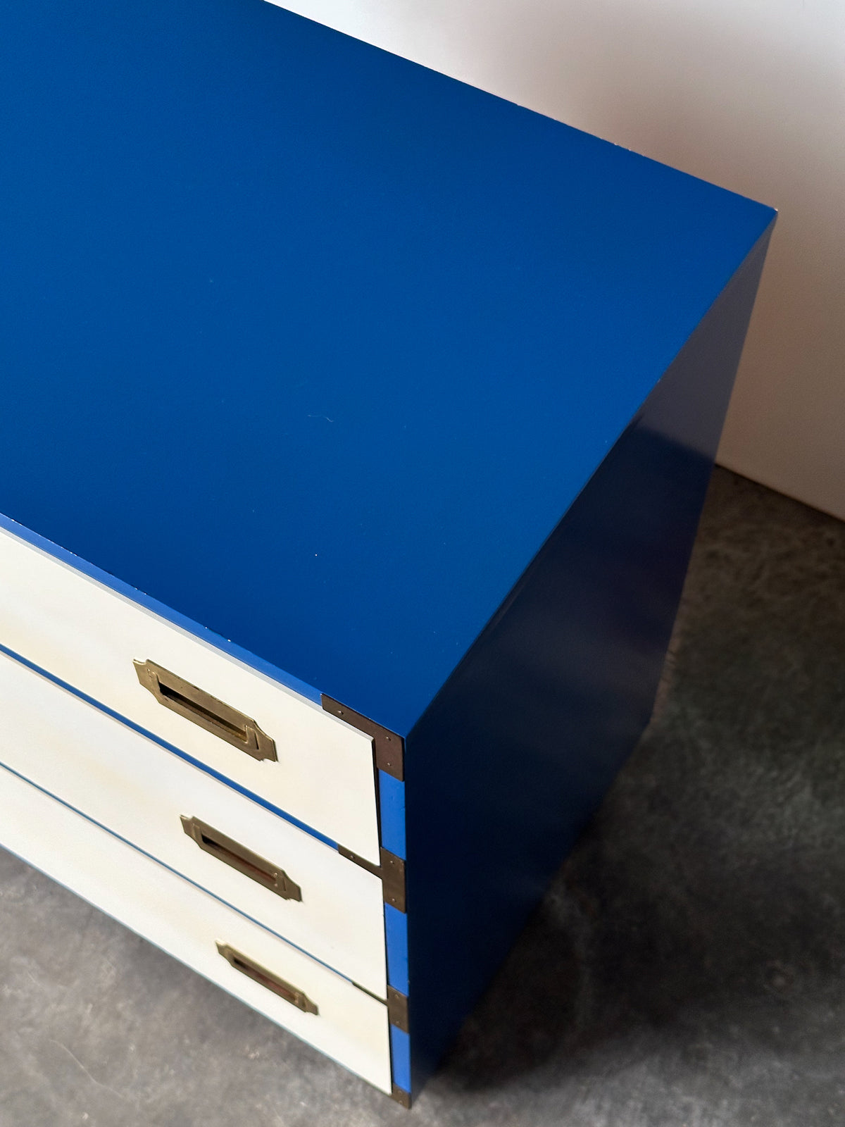 Blue & White Lacquered Campaign Chest of Drawers with Brass Hardware, 1970s