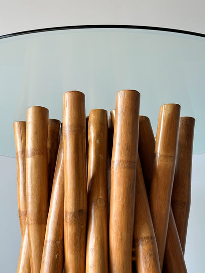 Bundled Bamboo Round Glass Dining Table, Budji Layug, 1970s