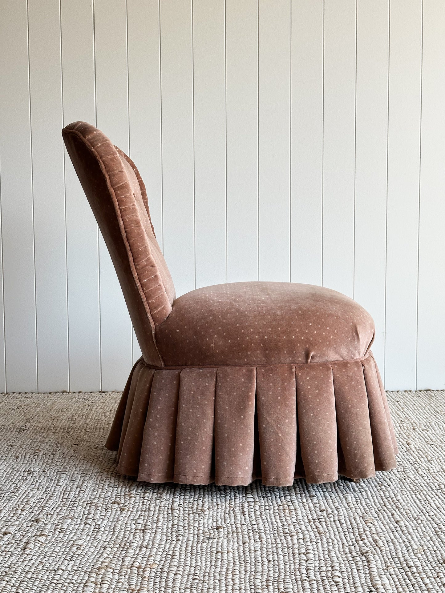 Vintage Blush Velvet Slipper Chair with Pleated Skirt