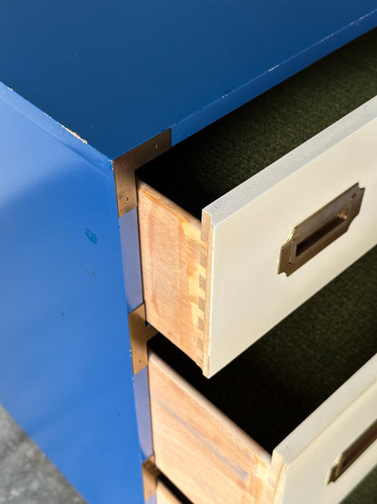 Blue & White Lacquered Campaign Chest of Drawers with Brass Hardware, 1970s