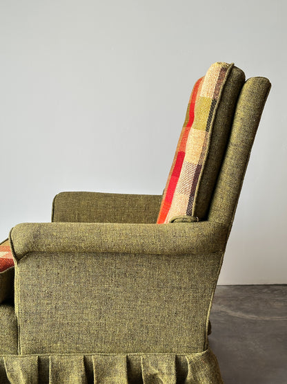 Olive Tweed Swivel Rocker with Patchwork Plaid Upholstery, 1970s