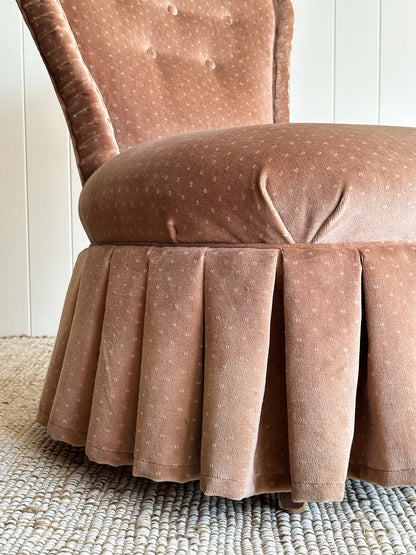 Vintage Blush Velvet Vanity Slipper Chair with Pleated Skirt