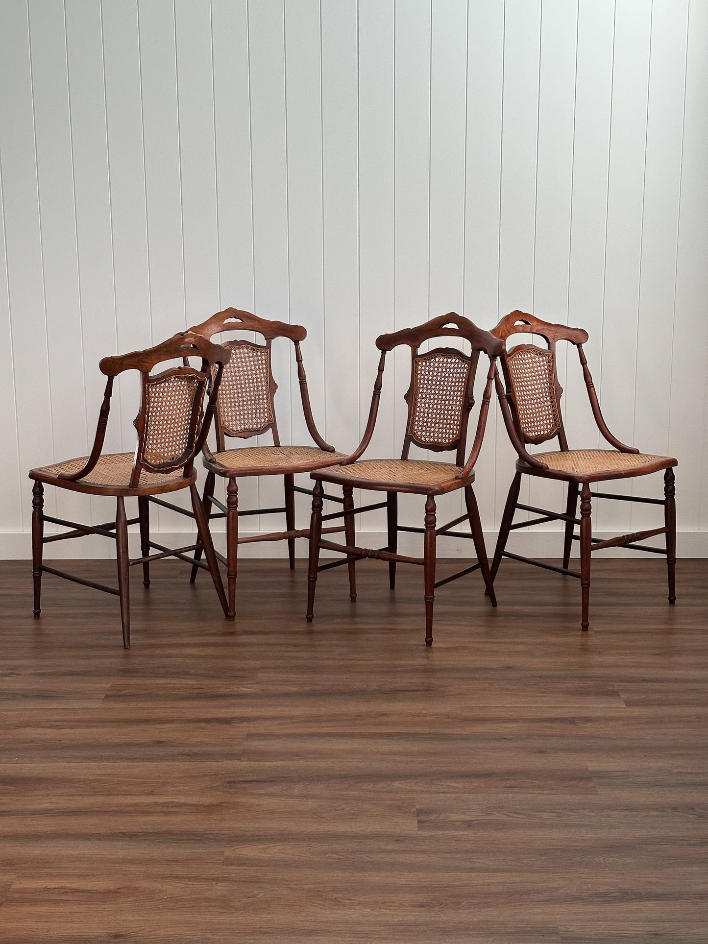 Victorian-Era Antique Cane & Wood Dining Chairs, Set of Four