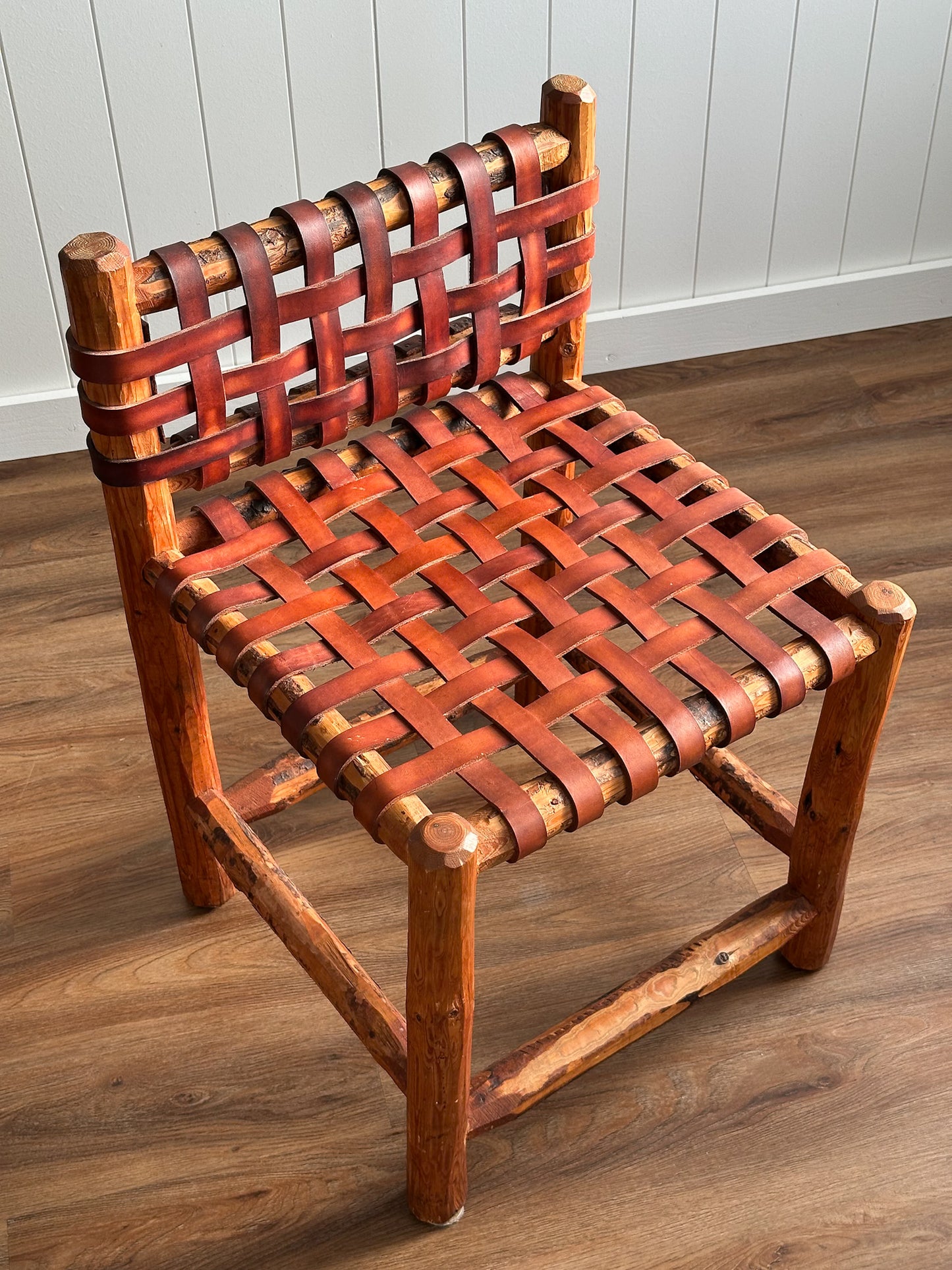 1940s Tuscan Leather Strap & Wood Dining Chairs, Set of Four