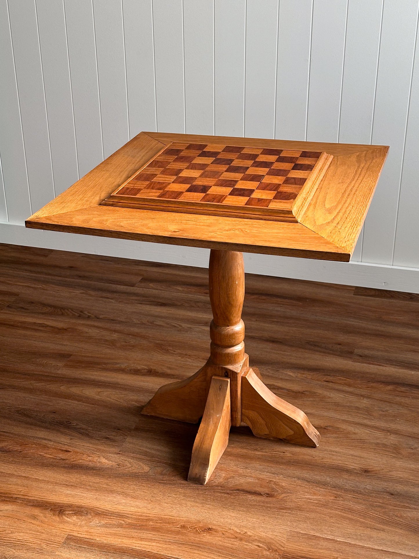 Vintage Handcrafted Oak Pedestal Game Table with Inlaid Chessboard