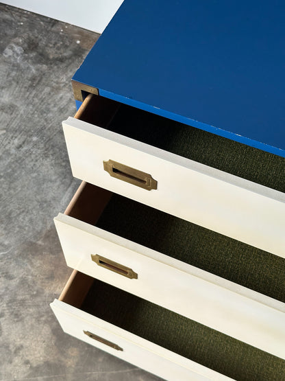 Blue & White Lacquered Campaign Chest of Drawers with Brass Hardware, 1970s