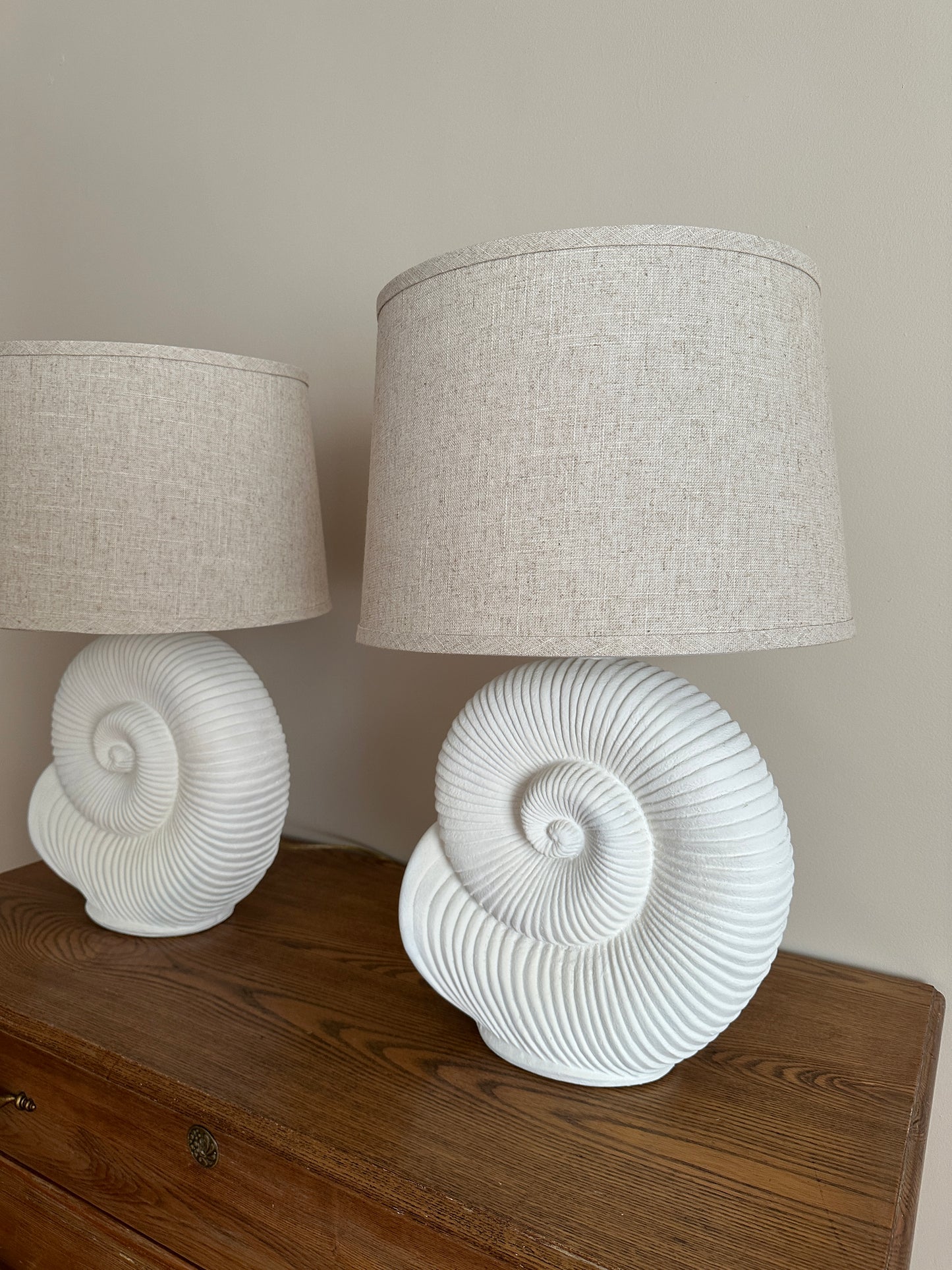 Vintage Spiral Shell Table Lamps With Linen Drum Shades - A Pair