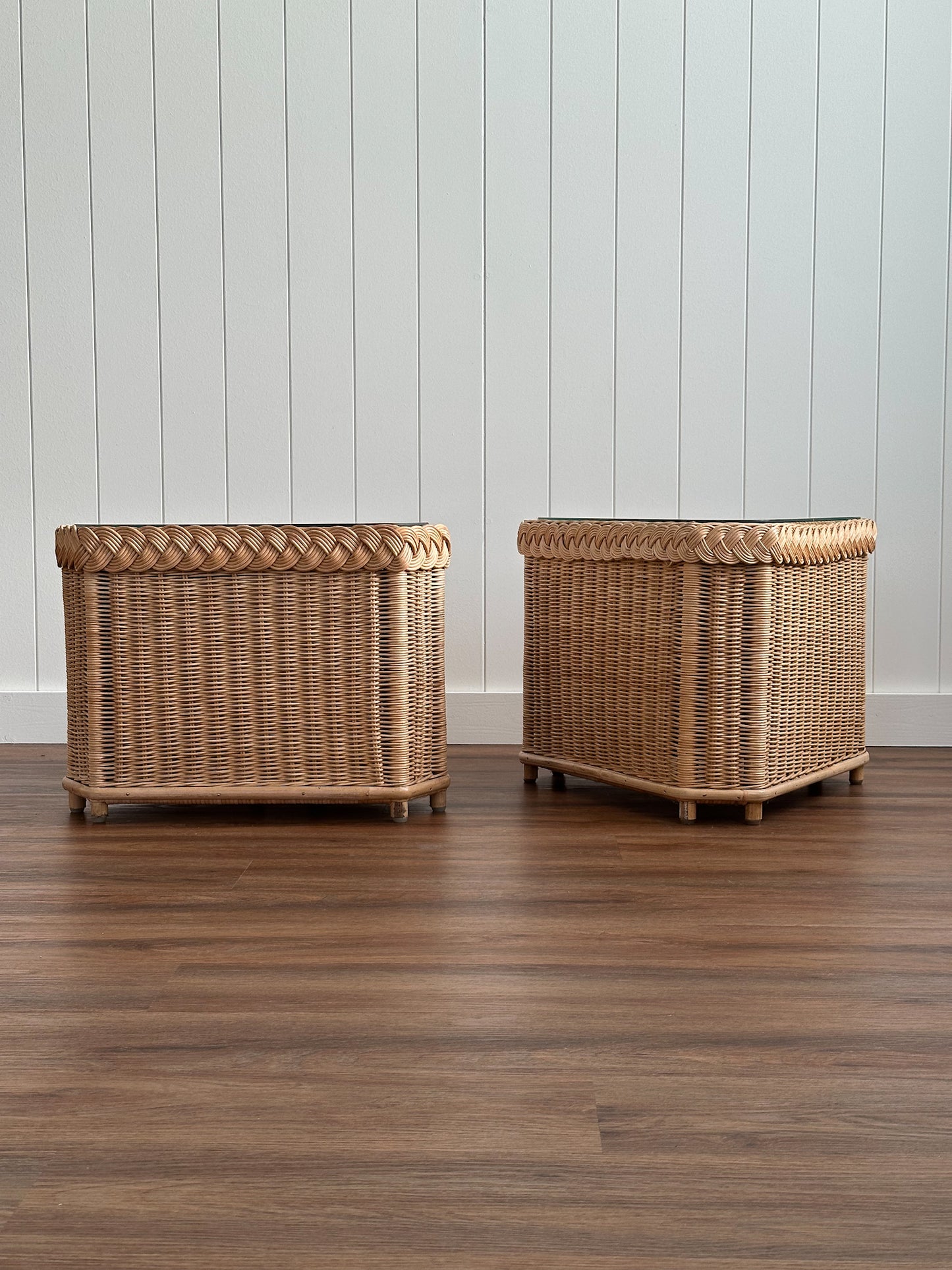 Vintage Brown Jordan Braided Wicker Side Tables, Pair