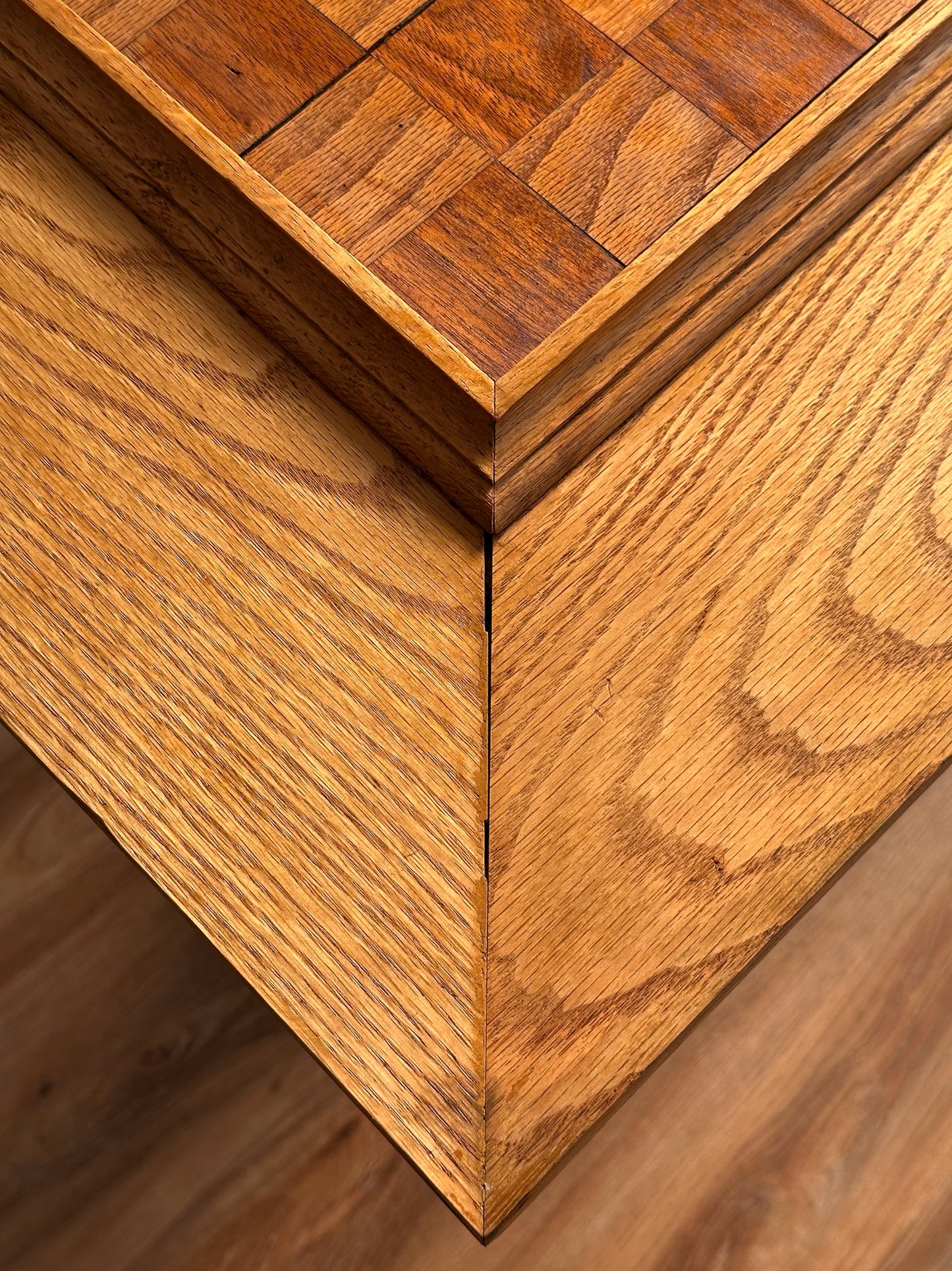 Vintage Handcrafted Oak Pedestal Game Table with Inlaid Chessboard