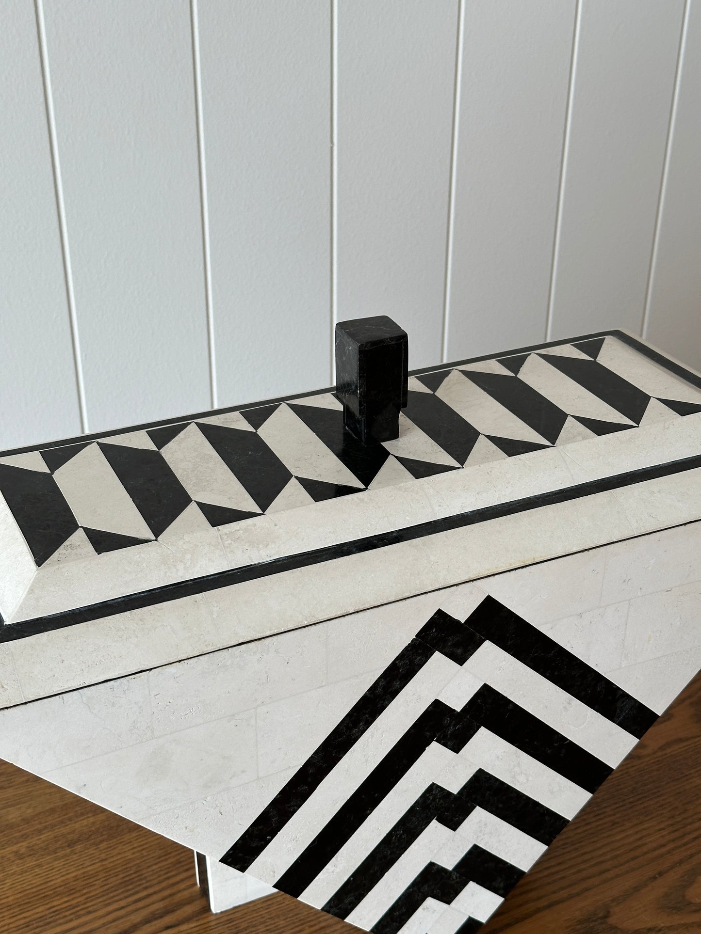 Vintage Maitland-Smith Tessellated Mactan Stone Box With Marble and Brass Inlay