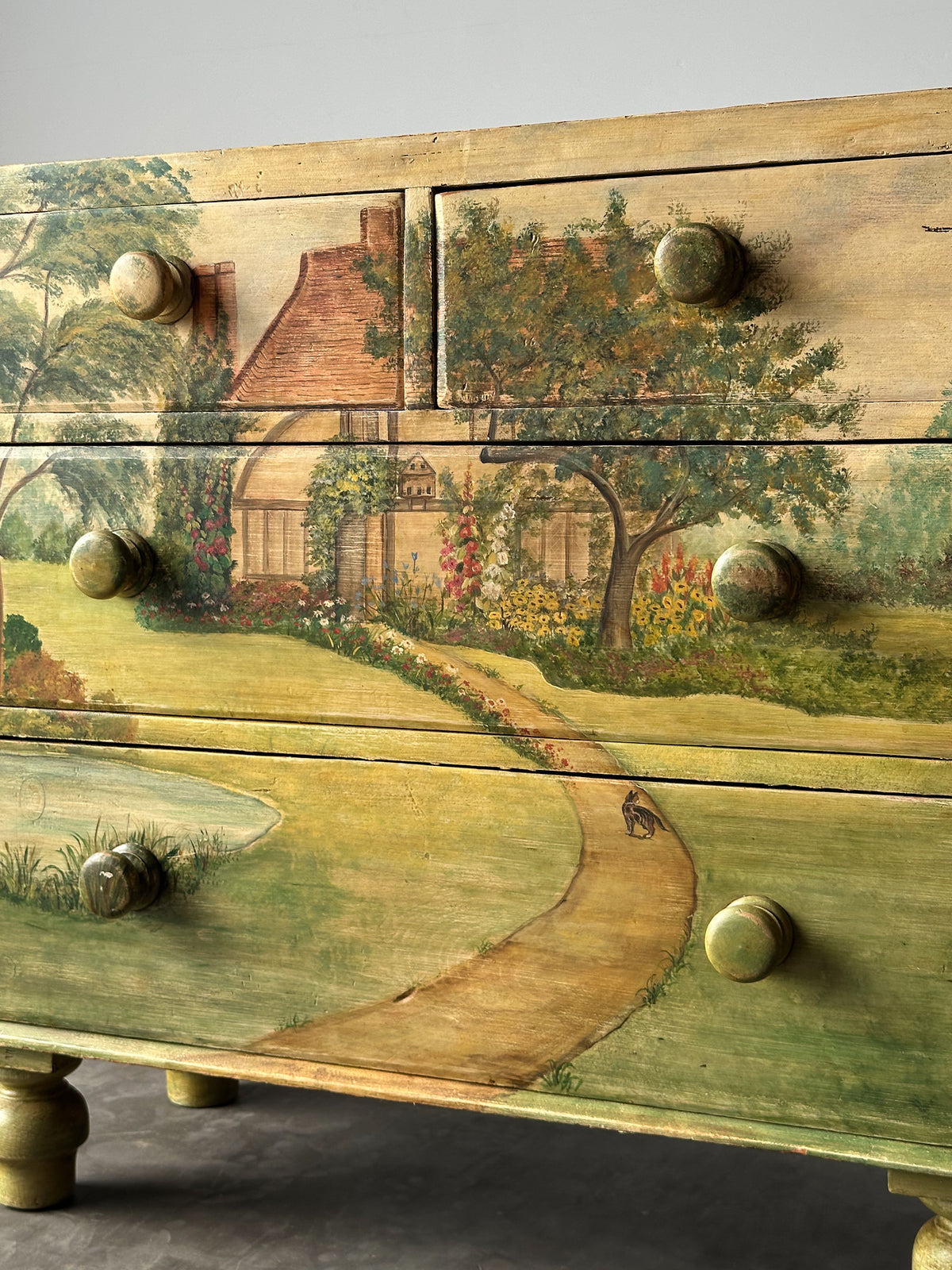 Hand-Painted Cottage Landscape Chest of Drawers, 19th Century