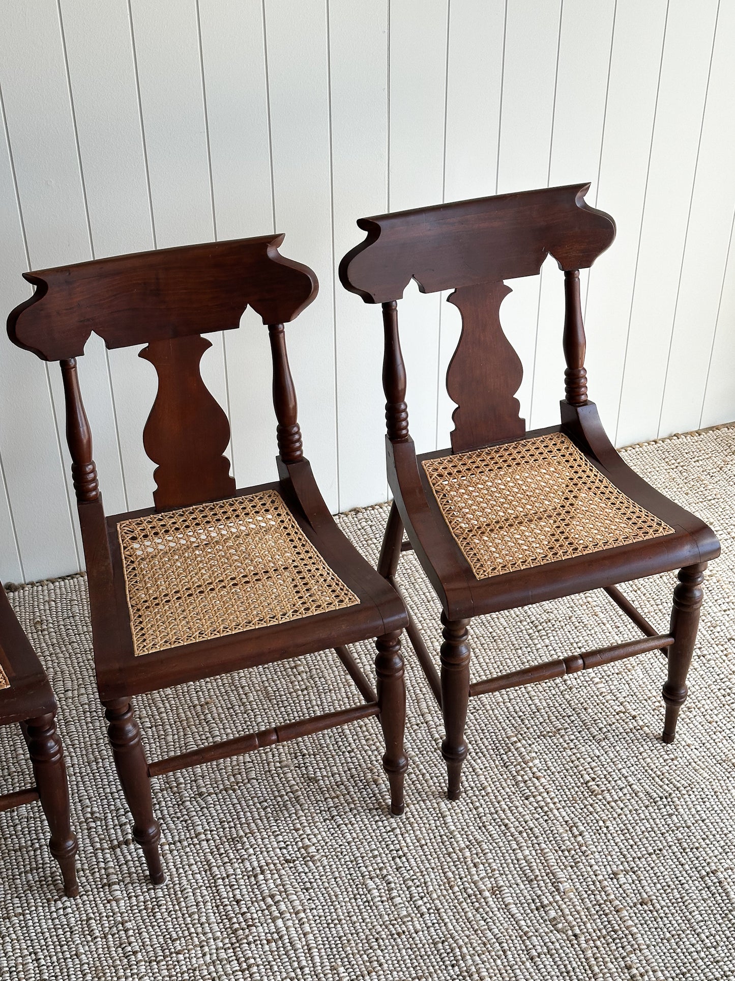 1960s Vintage Sculpted Mahogany Dining Chairs with Cane Seats, Set of 4