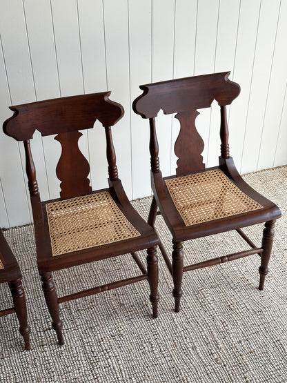 1960s Vintage Sculpted Mahogany Dining Chairs with Cane Seats, Set of 4