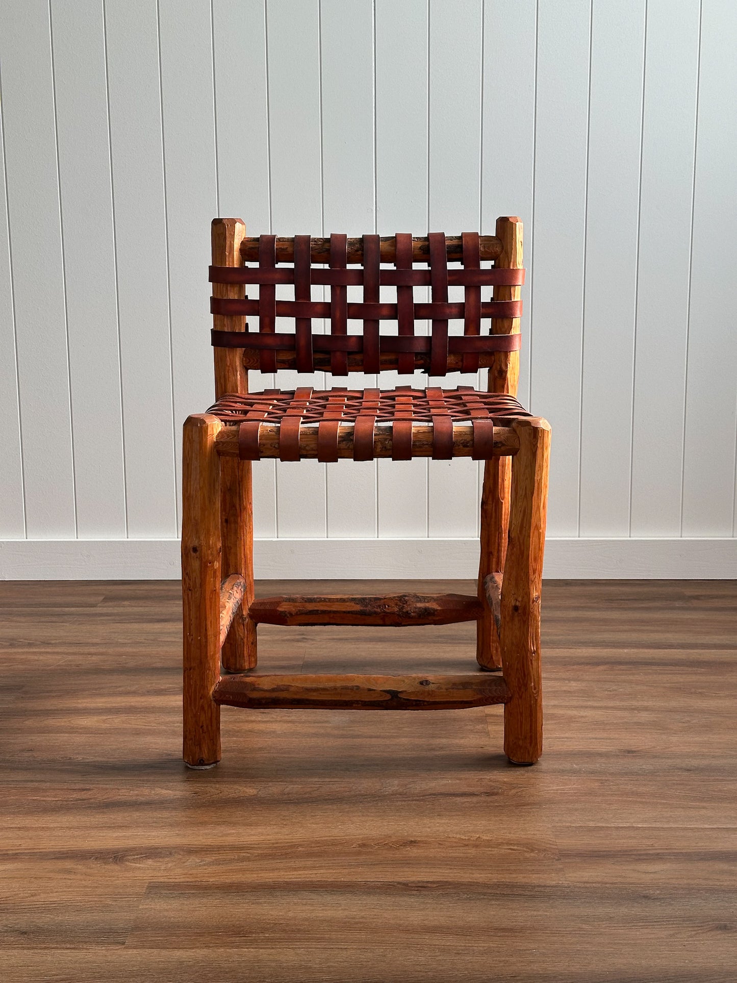 1940s Tuscan Leather Strap & Wood Dining Chairs, Set of Four