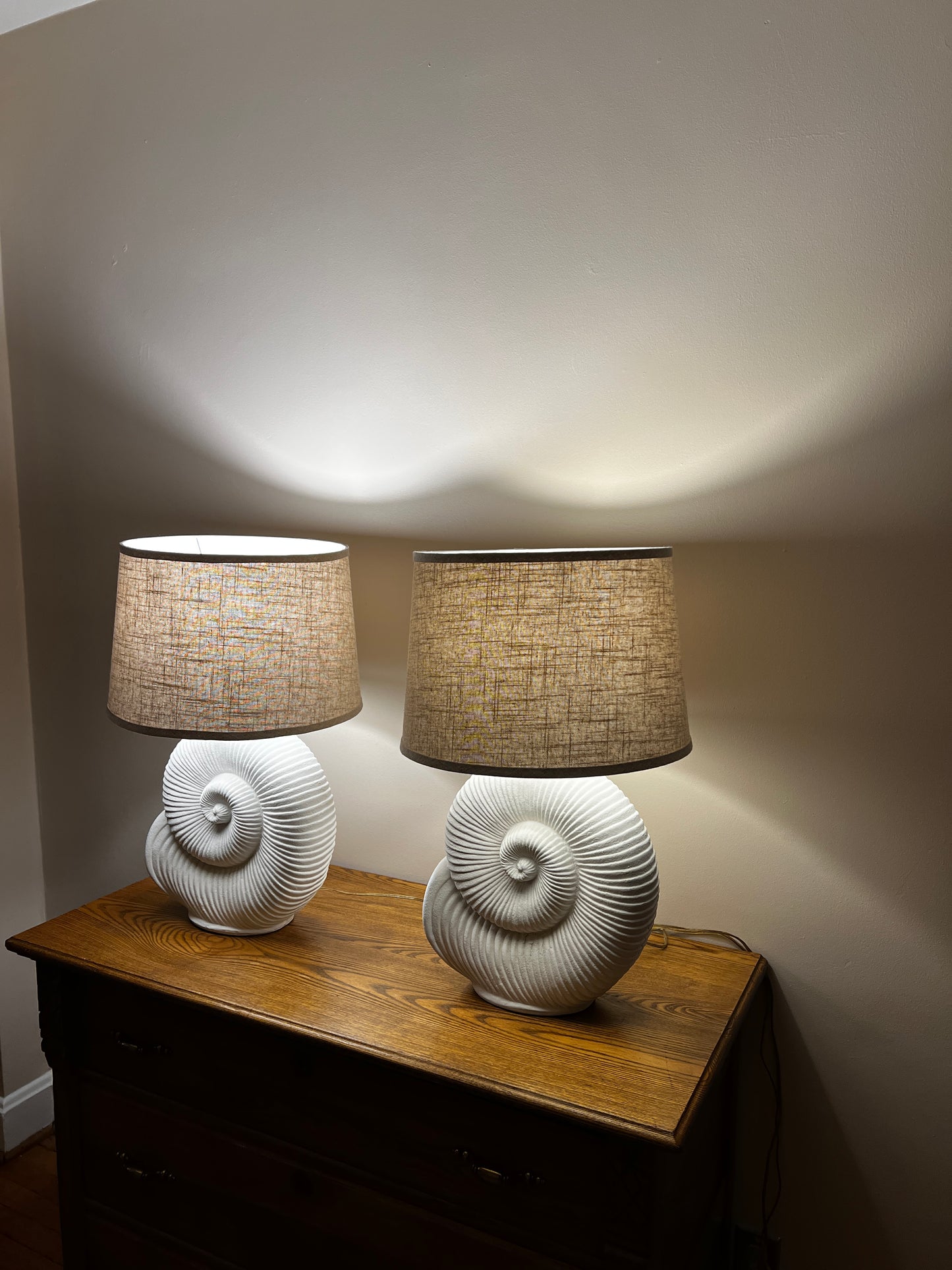 Vintage Spiral Shell Table Lamps With Linen Drum Shades - A Pair