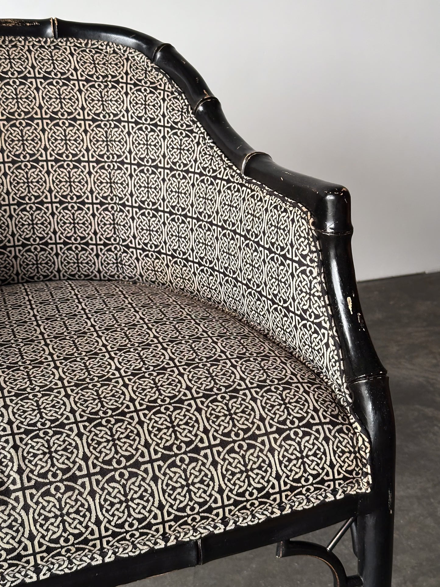 Vintage Black Lacquered Faux Bamboo Barrel-Back Armchair