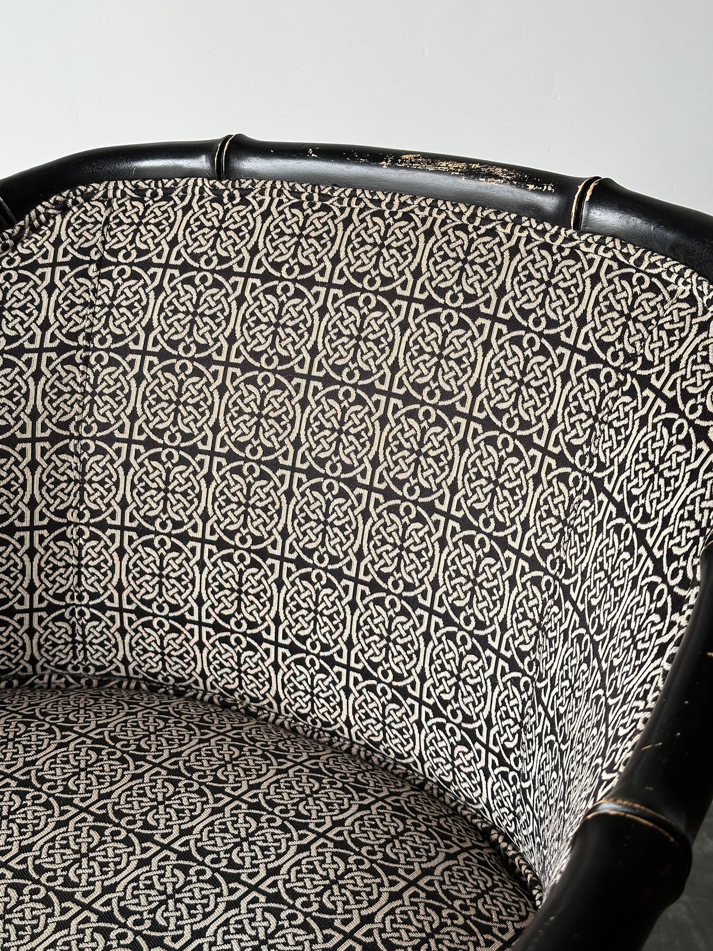 Vintage Black Lacquered Faux Bamboo Barrel-Back Armchair