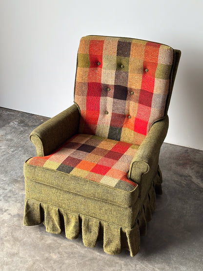 Olive Tweed Swivel Rocker with Patchwork Plaid Upholstery, 1970s