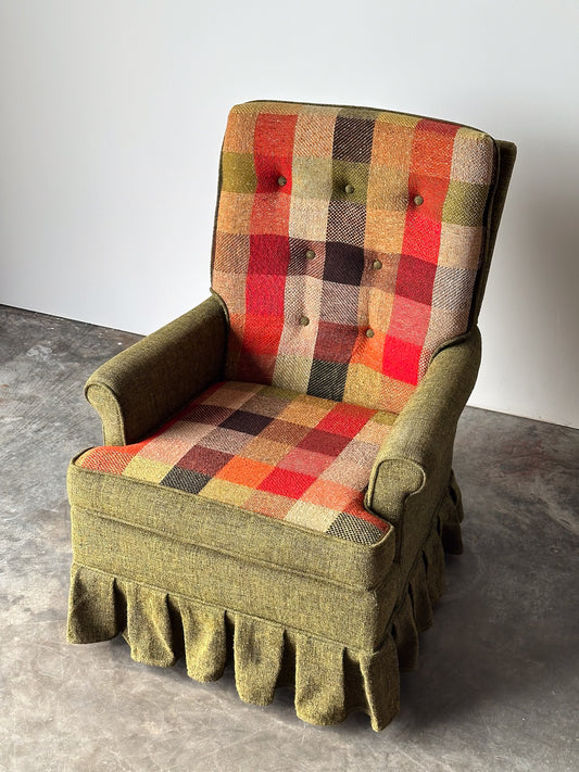 Olive Tweed Swivel Rocker with Patchwork Plaid Upholstery, 1970s