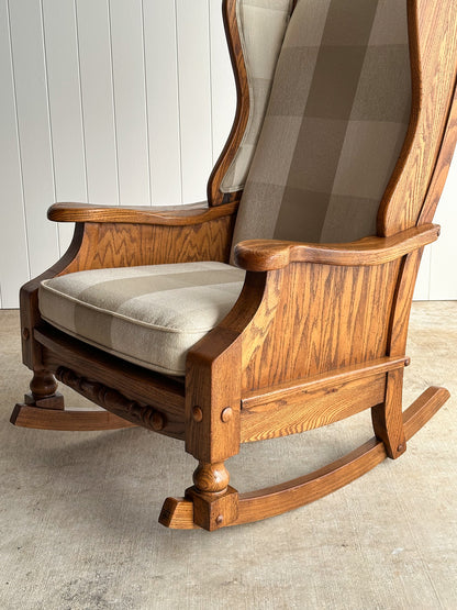 Studio Craft Oak Wingback Rocking Chair With Carved Rail, C. 1970s