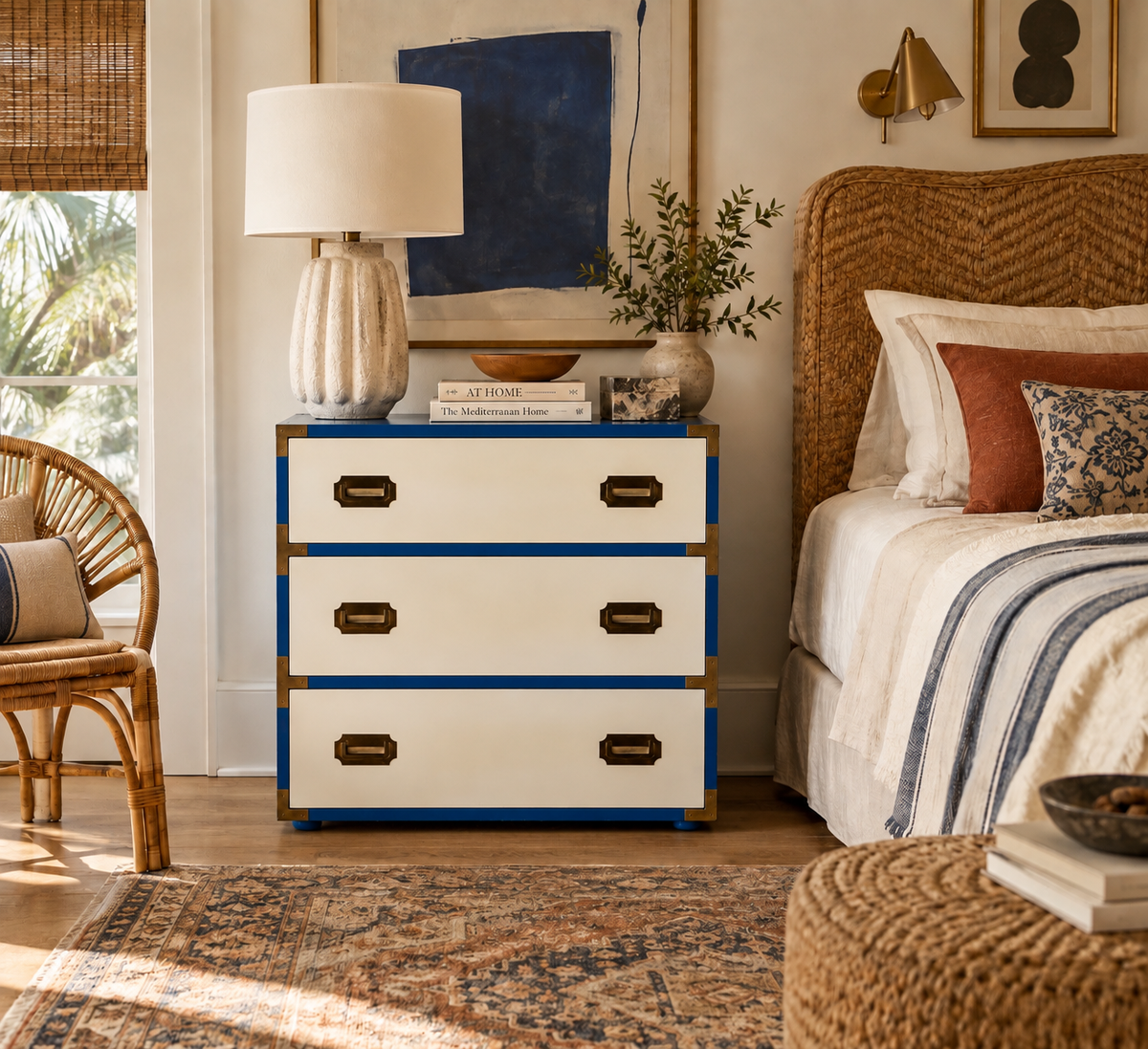 Blue & White Lacquered Campaign Chest of Drawers with Brass Hardware, 1970s